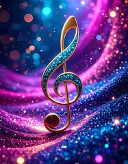 Decorated music key, treble clef with teal glitters on fuchsia and blue wavy background with light effect and energy, audio, song, harmony and melody, aesthetic