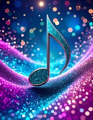 Teal and silver eighth note half beat, decorated with glitters musical, audio, on blue bokeh background party vibes