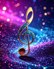Decorated music key, treble clef with teal glitters on fuchsia and blue bokeh background with light effect and energy, audio, song, harmony and melody