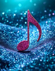Fuchsia eighth note half beat, decorated shiny musical, audio, on blue glittering background party vibes