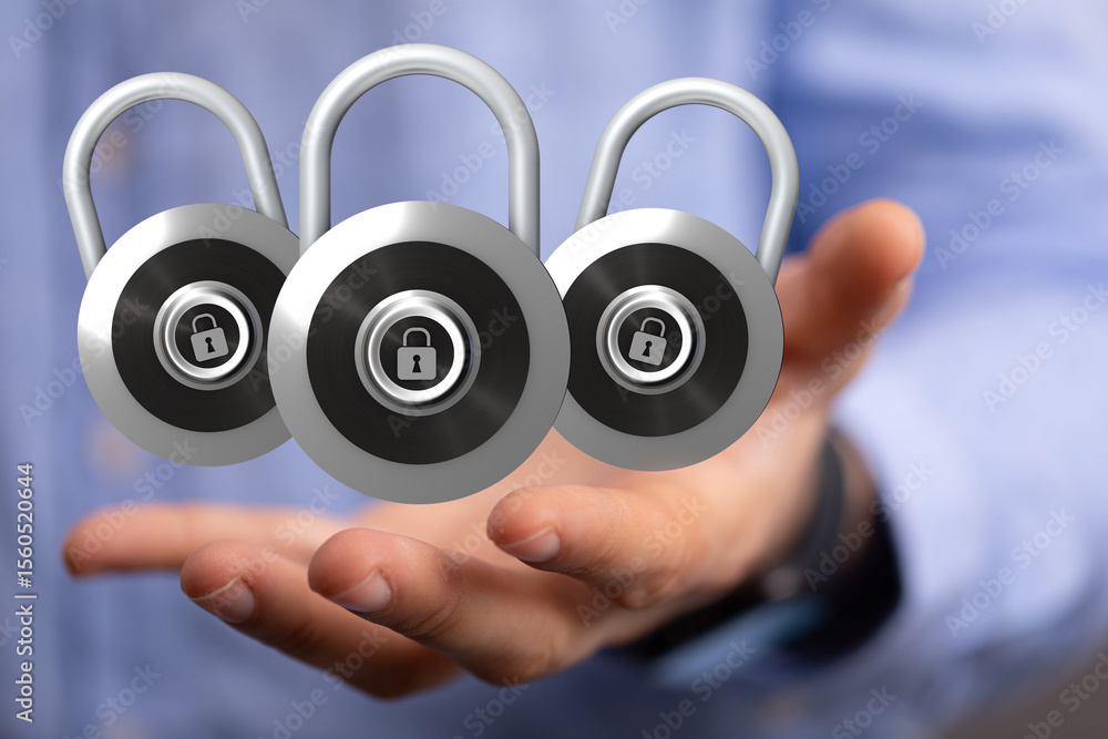 Aufkleber image of three digital padlocks on a hand, symbolizing online security and data protection.