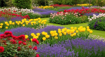 Vibrant Spring Garden with Rows of Colorful Flowers and Lush Greenery