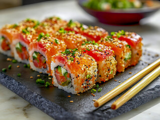 A captivating arrangement of sushi rolls showcases vibrant salmon, creamy avocado, and bright red caviar atop a dark slate board, perfect for enjoying traditional Japanese cuisine