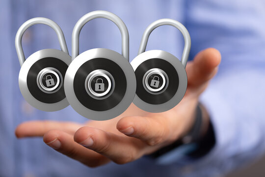 Image of three digital padlocks on a hand, symbolizing online security and data protection. - Powered by Adobe