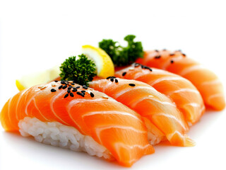 Savor the exquisite presentation of fresh salmon sushi delicately laid on a bed of white rice. Garnished with lemon and herbs, this dish celebrates traditional Japanese cuisine in every bite