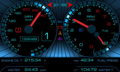 Car dashboard, modern automobile control panel with backlight, speed display, bright vector illustration with red arrows and digital values.