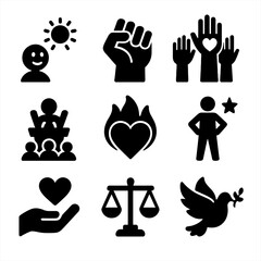 Naklejka na ściany i meble Advocacy Emotions Icons. Solid, filled icon set of advocacy emotions: hope, determination, unity, passion, courage, resilience,