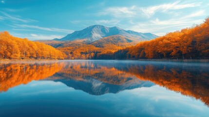 Serene lake reflecting majestic mountains and autumn foliage creates a peaceful vista, showcasing nature's beauty with vivid colors and a clear blue sky on a tranquil day.