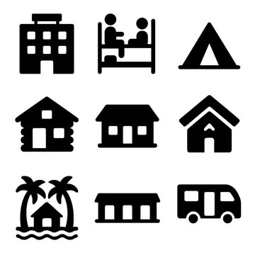 Accommodation Icon Set. Solid, filled icon set of accommodation types: hotel, hostel, camping tent, cabin, bungalow, Airbnb house,