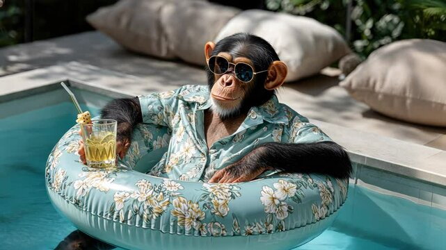 Chimpanzee relaxes in pool with stylish sunglasses and tropical shirt while enjoying a refreshing drink
