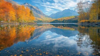 A picturesque lake reflects stunning autumn colors, framed by majestic mountains and vibrant foliage, creating a serene and breathtaking natural landscape scene.