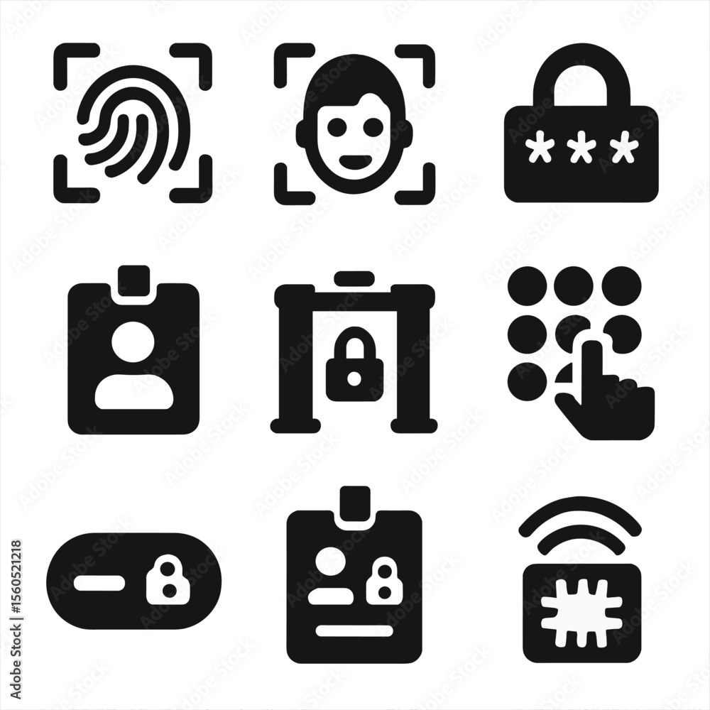 Poster access control icons. solid, filled icon set of access controlling: fingerprint scan, face id, passw