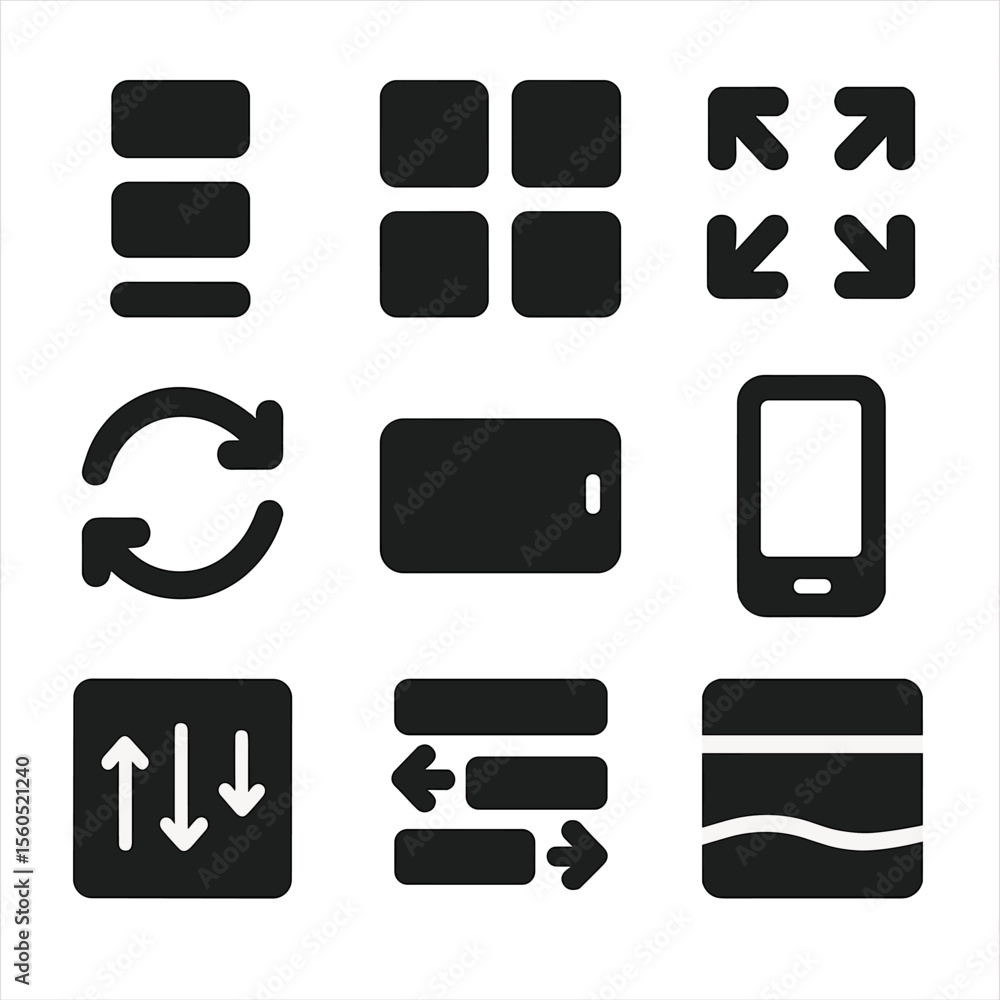 Poster adaptive mobile icons. solid, filled icon set of adaptive mobile layout: column stack, layout grid, 