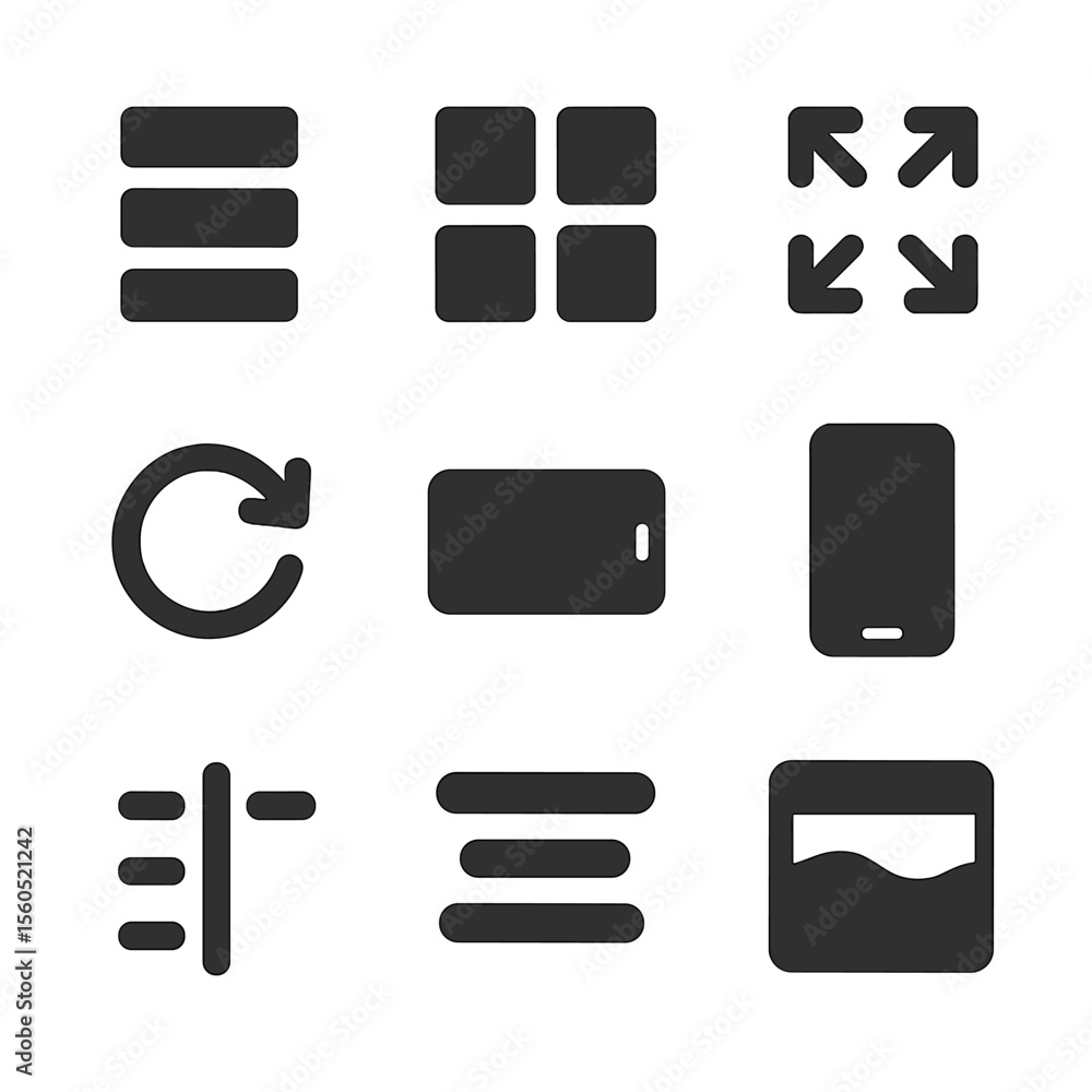 Poster adaptive mobile icons. solid, filled icon set of adaptive mobile layout: column stack, layout grid, 