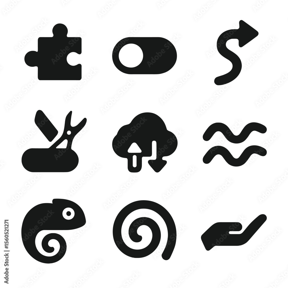 Poster adaptive skills icons. solid, filled icon set of adaptive skills and flexibility: puzzle piece, swit