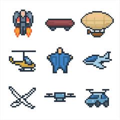 Fototapeta premium Airborne Transportation Icons. Pixel art icon set of airborne transportation modes: jetpack, hoverboard, airship, gyrocopter, wing