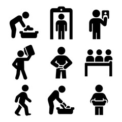 Airport Traveler Icons. Solid, filled icon set of airport traveler actions: placing shoes in tray, standing in scanner, showing ID
