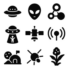 Alien and Art Icons. Solid, filled icon set of alien life concepts: flying saucer, alien face, crop circle, abduction beam, sci-fi