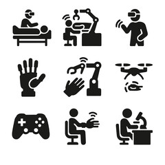 Advanced Haptic Technology Icons. Solid, filled icon set of advanced haptic applications: medical simulator, remote surgery, VR