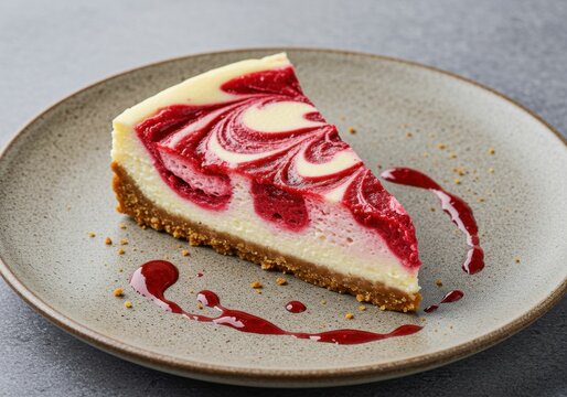 A slice of cranberry swirl cheesecake with berry sauce on a ceramic plate. Delicious creamy dessert with fruity topping.