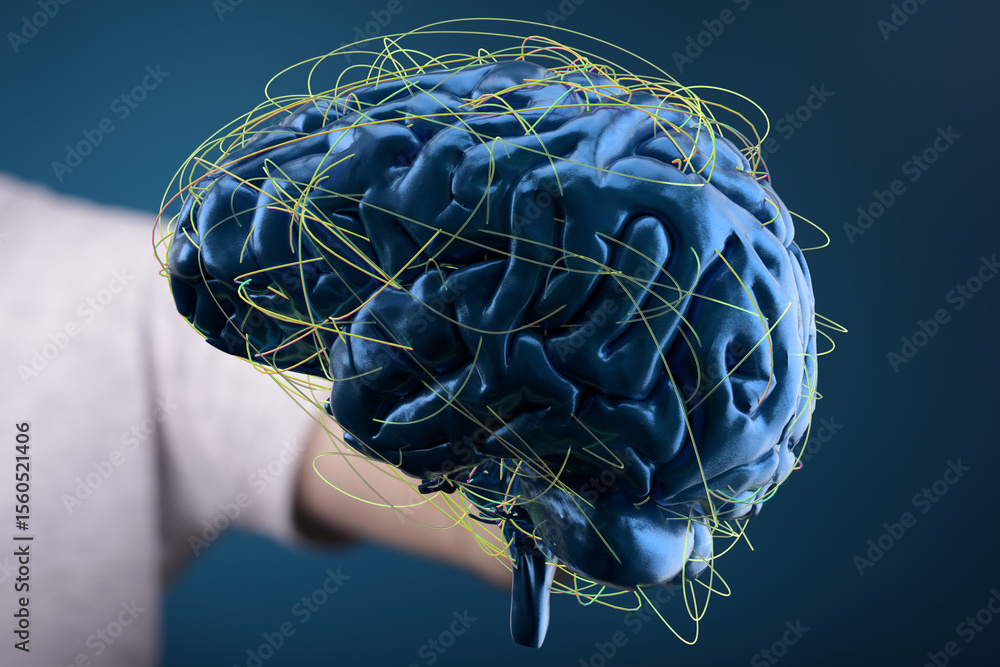 Poster 3d rendering of a human brain with glowing neural connections. perfect for ai, neuroscience, and tec