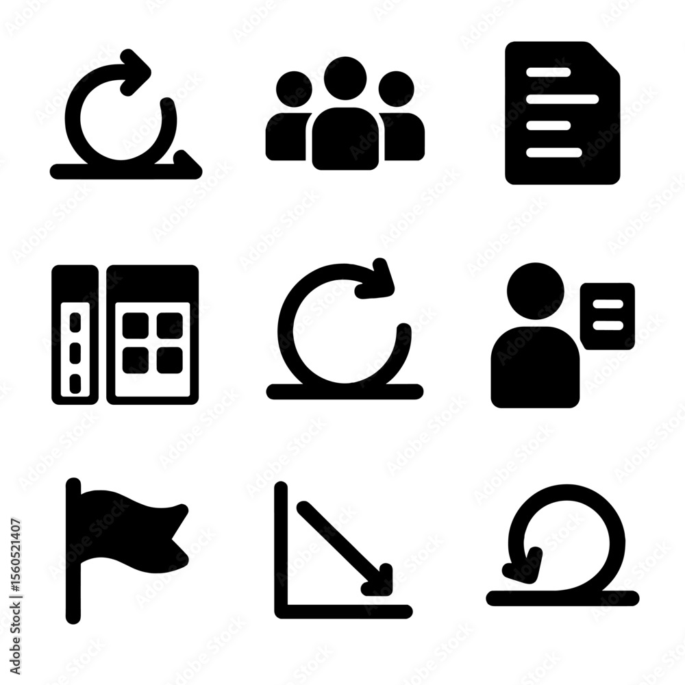 Poster agile workflow icons. solid, filled icon set of agile workflow: sprint, stand-up meeting, backlog, k