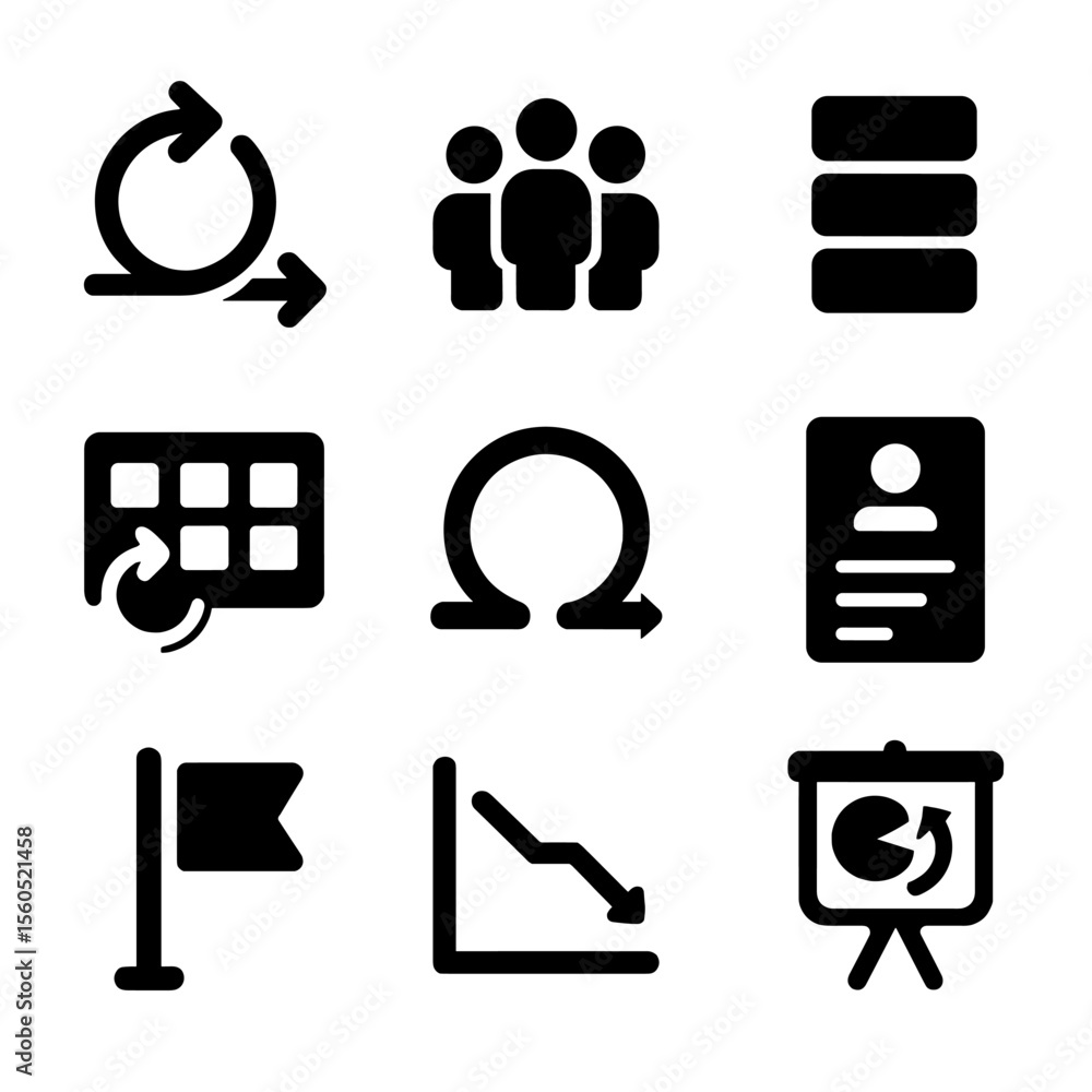 Poster agile workflow icons. solid, filled icon set of agile workflow: sprint, stand-up meeting, backlog, k