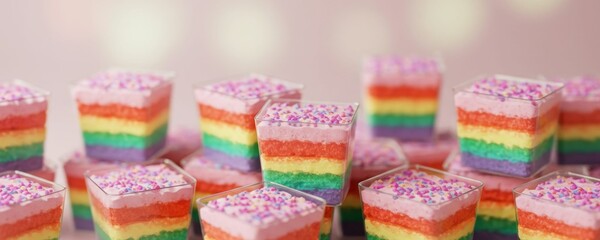 Many individual rainbow layered desserts in clear square glasses with pink frosting and colorful sprinkles, sweet treat concept.