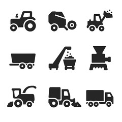 Agricultural Machinery Icons. Solid, filled icon set of agricultural machinery for waste collection: tractor, baler, loader,