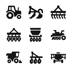 Agricultural Machinery Icons. Solid, filled icon set of agricultural machinery: tractor, plow, cultivator, harrow, seed drill,