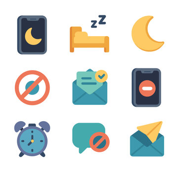 After-Hours Communication Icons. Isometric Flat icon set of after-hours communication rules: night mode phone, sleep icon, moon
