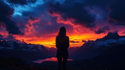 A contemplative woman silhouetted against a breathtaking twilight sky overlooks majestic mountains and a serene lake, creating a sense of wonder and adventure in nature's embrace.