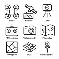 Aerial Survey Icons. Outline icon set of aerial and remote sensing surveys: drone, satellite image, LiDAR scanner, UAV controller,