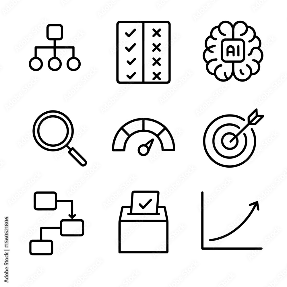 Aufkleber ai decision icons. outline icon set of ai-powered decision making: decision tree, pros and cons list