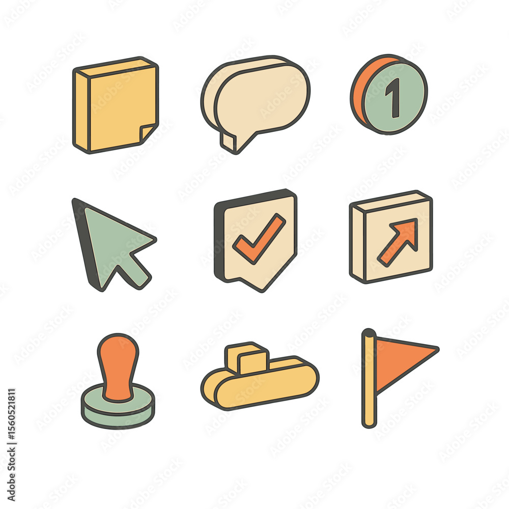 Aufkleber annotation icon set. isometric flat icon set of wireframe annotation marks: sticky note, comment bub
