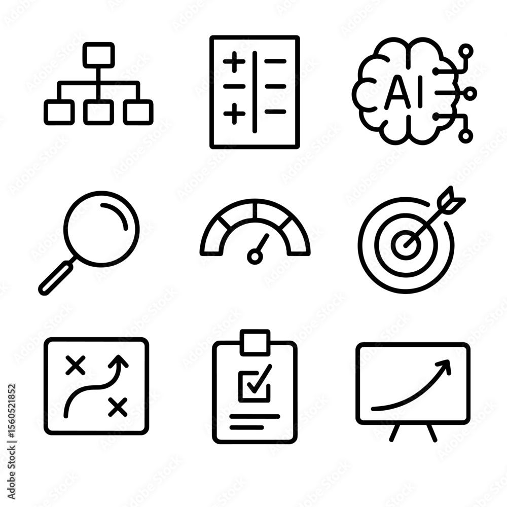 Poster ai decision icons. outline icon set of ai-powered decision making: decision tree, pros and cons list