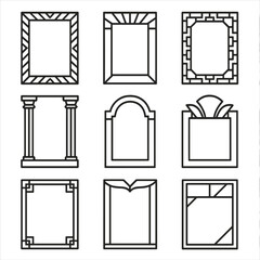 Art Deco Frame Icons. Outline icon set of Art Deco portrait frames: chevron border, sunburst motif, geometric pattern, stylized