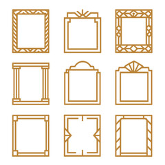 Art Deco Frame Icons. Flat icon set of Art Deco portrait frames: chevron border, sunburst motif, geometric pattern, stylized