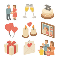 Anniversary Celebration Icons. Isometric Flat icon set of Anniversary Celebration Bliss: couple holding hands, raising champagne