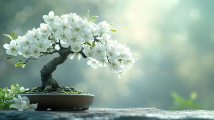 A beautiful bonsai tree with delicate white flowers creates a sense of tranquility and Zen, perfect for designs needing a touch of nature, beauty, or peaceful reflection.
