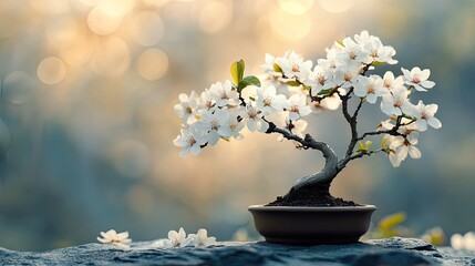 A miniature bonsai tree in bloom showcases the art of nature and delicate white blossoms, embodying peace, harmony, and the timeless beauty of Japanese horticulture.