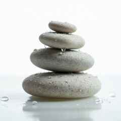 Fototapeta premium Close-up of stacked spa stones with dew drops, minimal white background, focus on texture and moisture, concept of purity and calm.