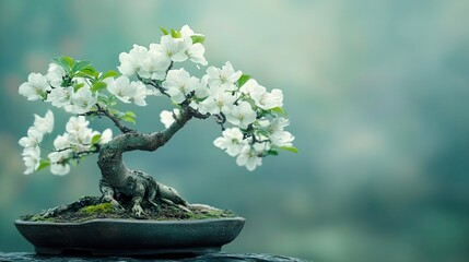 A delicate bonsai tree displays its pure white blossoms, a symbol of peace, balance, and Asian garden art, set against a serene, soft background showcasing tranquil Zen beauty.