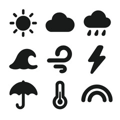 Archipelago Weather Icons. Solid, filled icon set of archipelago weather elements: sun, cloud, rain, wave, wind swirl, lightning,