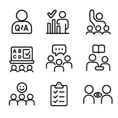 Fototapeta premium Audience Engagement Icons. Outline icon set of audience engagement strategies: Q&A session, polling, hand raise, interactive quiz,