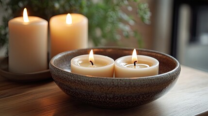 Glowing candles create a warm and inviting atmosphere, perfect for relaxation, meditation, or adding a touch of cozy ambiance to any space with its soft, flickering light.
