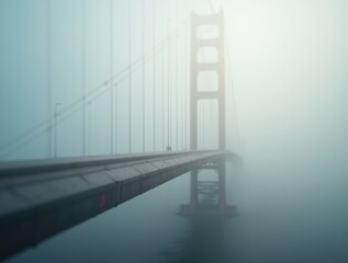 Close-up view of fog rolling over bridge cables, soft light filtering through mist, abstract and ethereal mood, concept of transition and calm.

