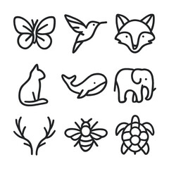 Animal Embroidery Icons. Outline icon set of animal embroidery designs: butterfly, hummingbird, fox face, whale, cat silhouette,