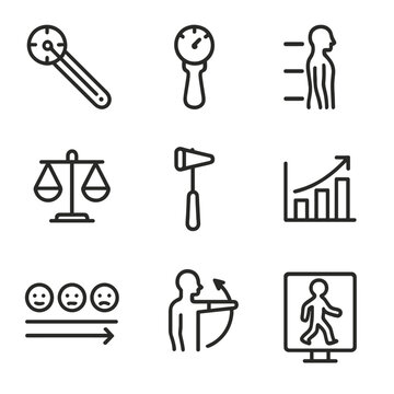 Assessment Tools Icon Set. Outline icon set of assessment tools: goniometer, dynamometer, posture chart, balance scale, reflex