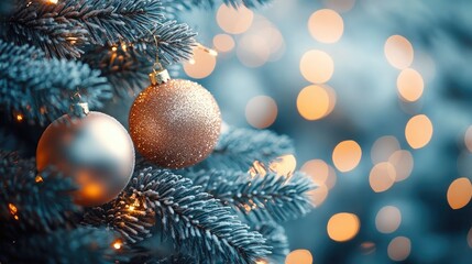 Festive season brings cheer with golden Christmas ornaments adorning a frosted pine tree, bathed in the warm glow of twinkling lights creating a cozy holiday atmosphere.